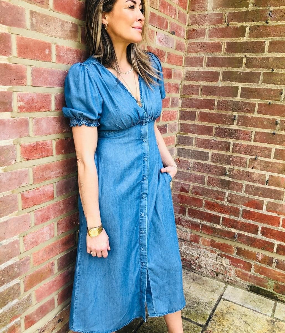 Blue Tencel Button Through Midi Dress