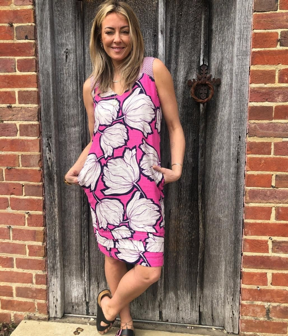 Pink Bold Flower Linen Blend Dress