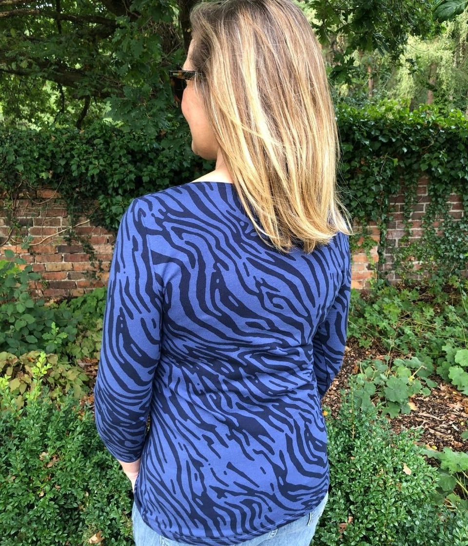 Navy Zebra Print Slash Neck Top