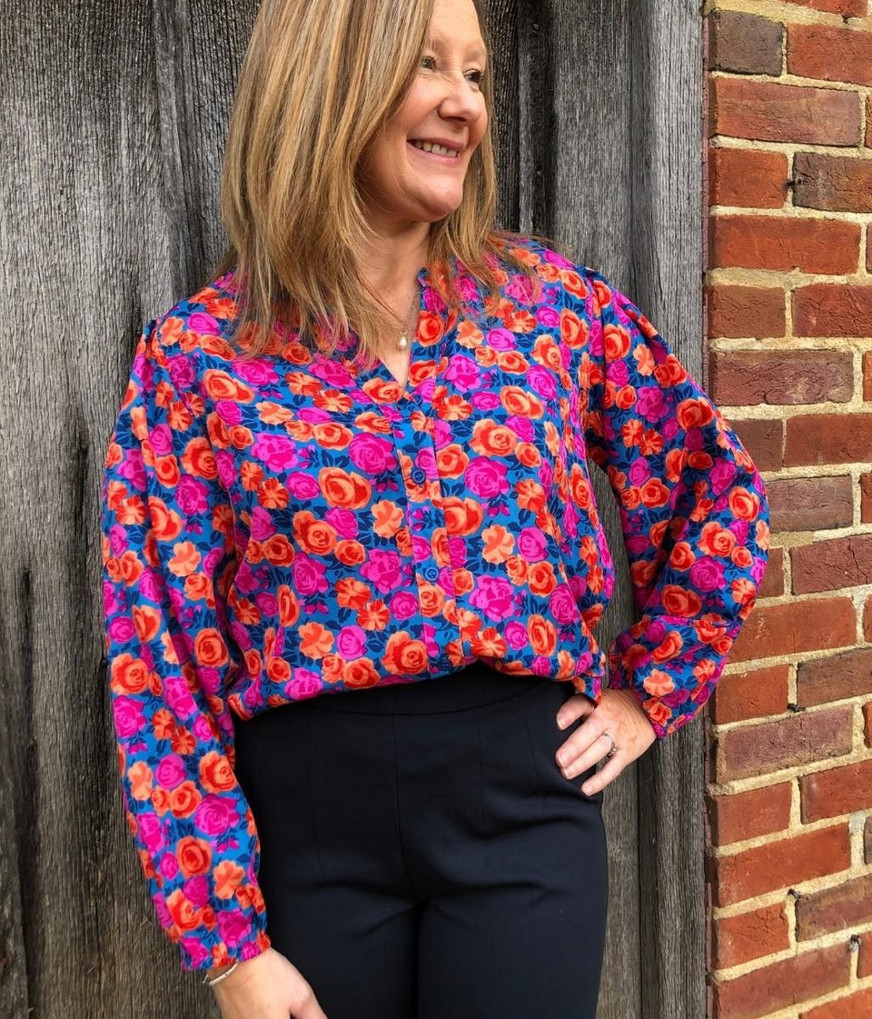 Vibrant Rose Print Notch Neck Blouse