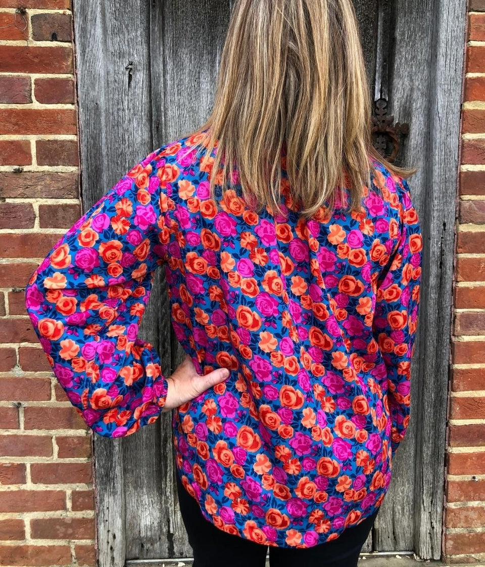 Vibrant Rose Print Notch Neck Blouse