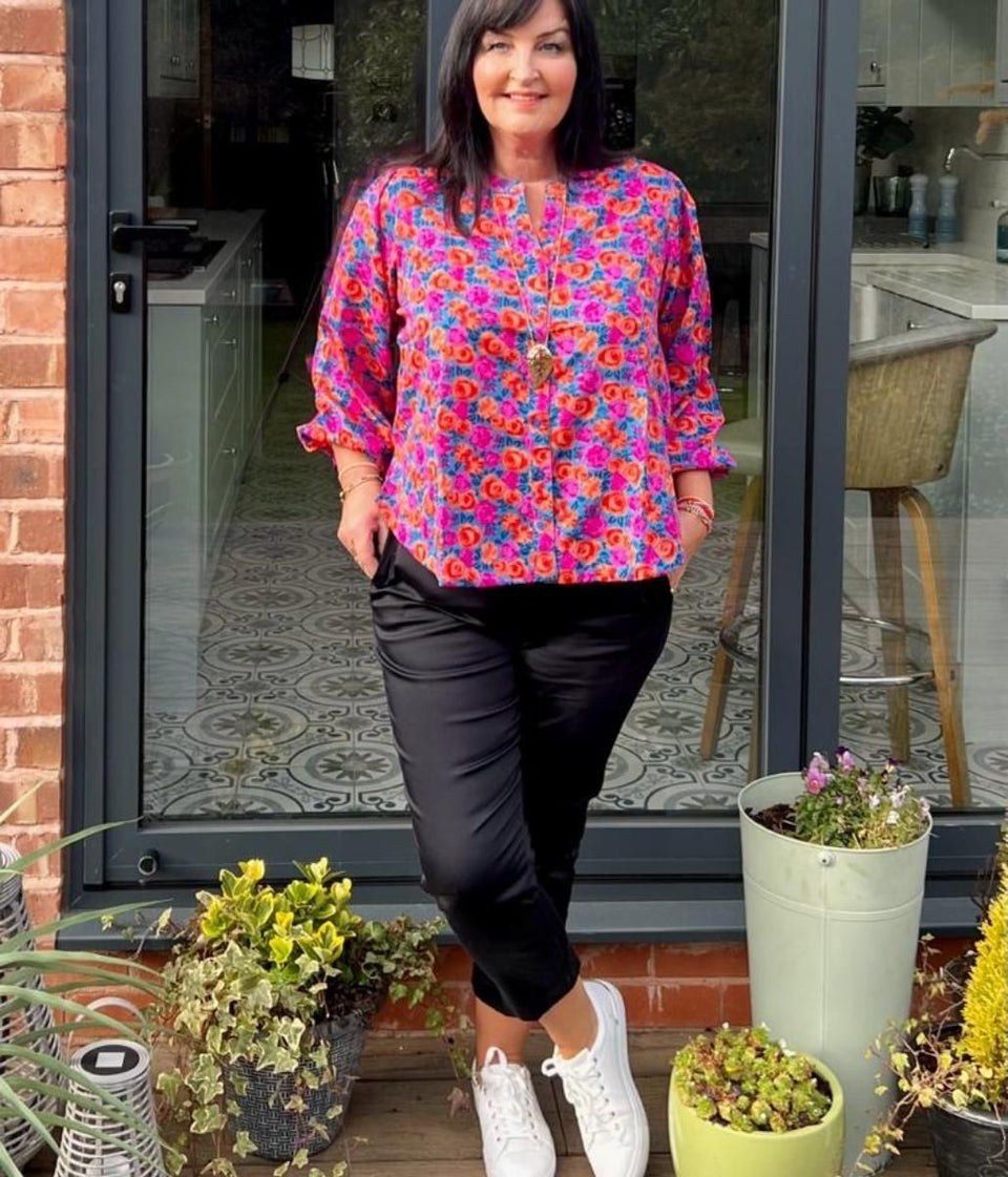 Vibrant Rose Print Notch Neck Blouse