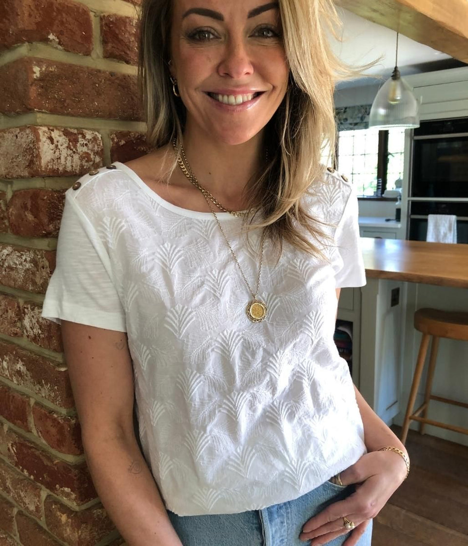 White Embroidered Scoop Neck Top