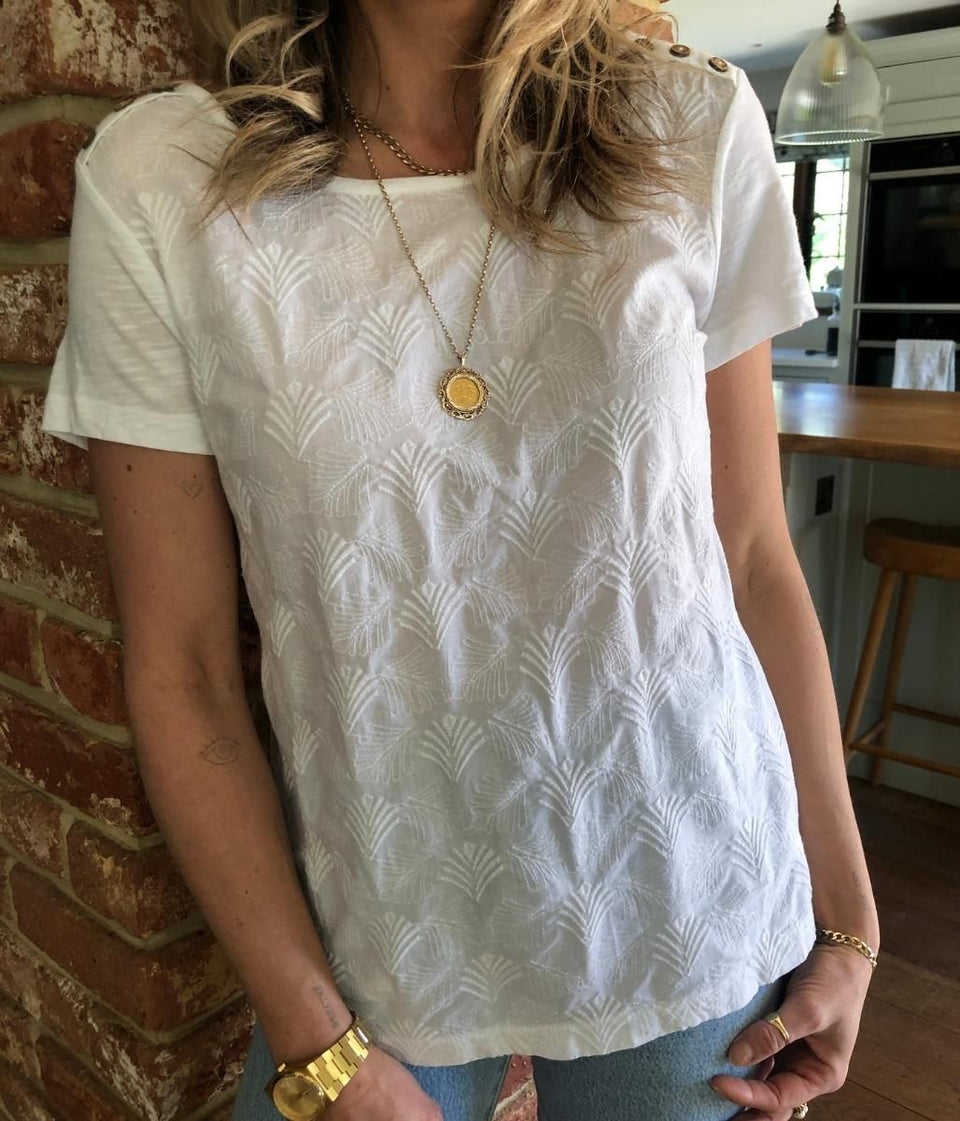 White Embroidered Scoop Neck Top