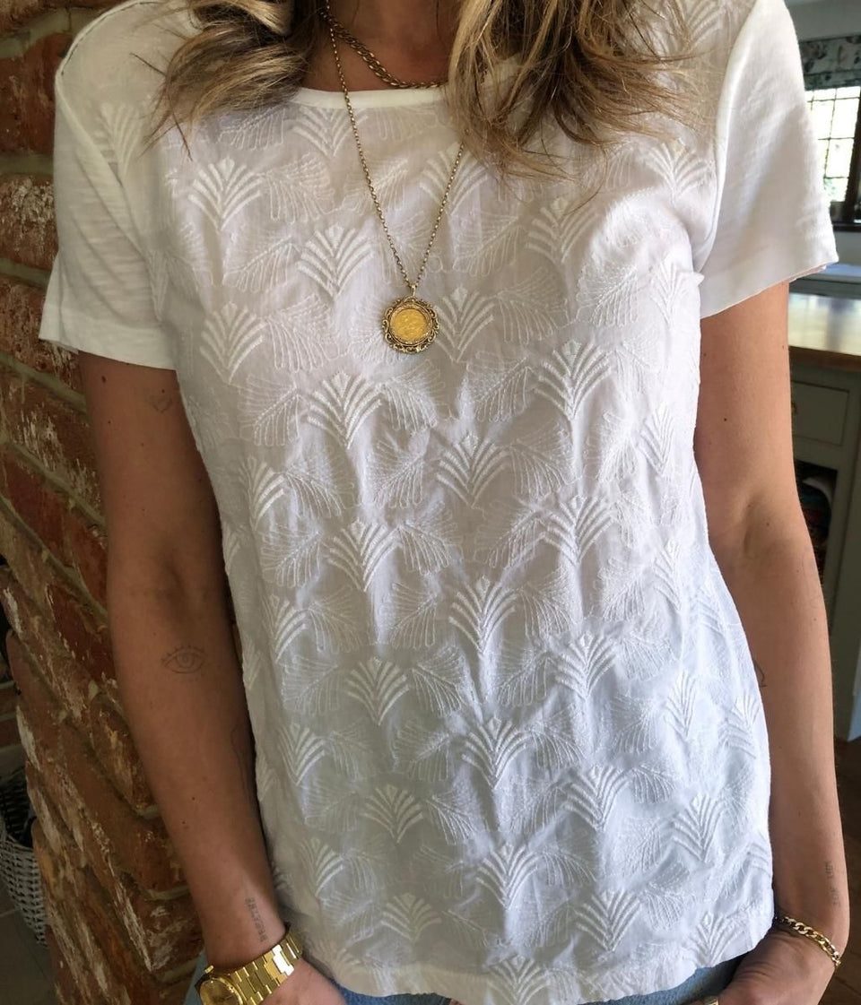 White Embroidered Scoop Neck Top