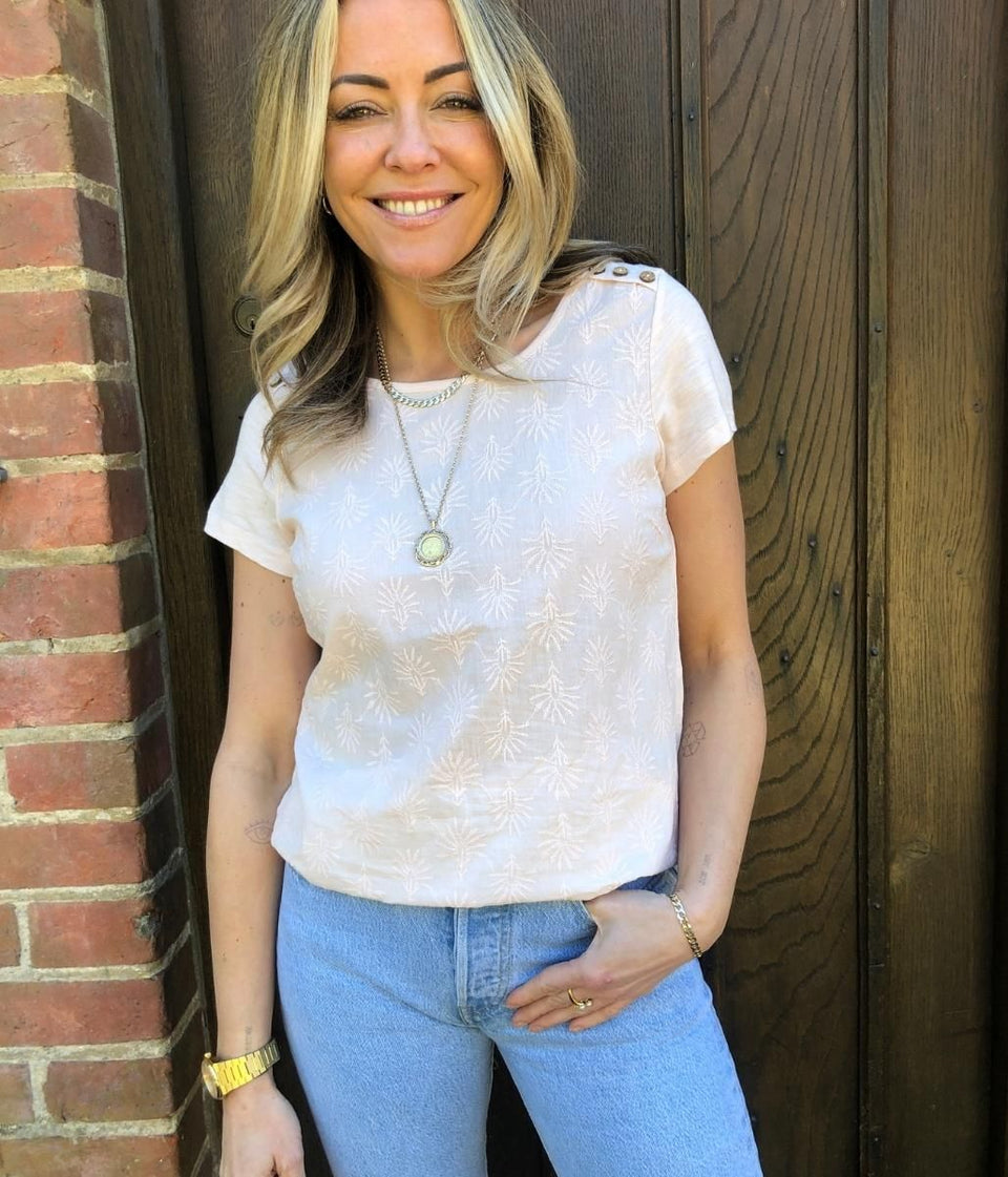 Powder Pink Embroidered Scoop Neck Top