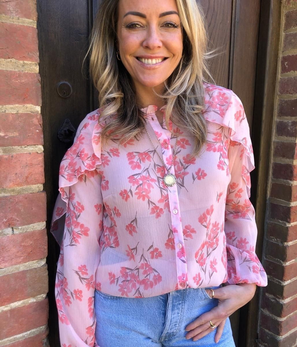 Pink Floral Sheer Ruffle Blouse