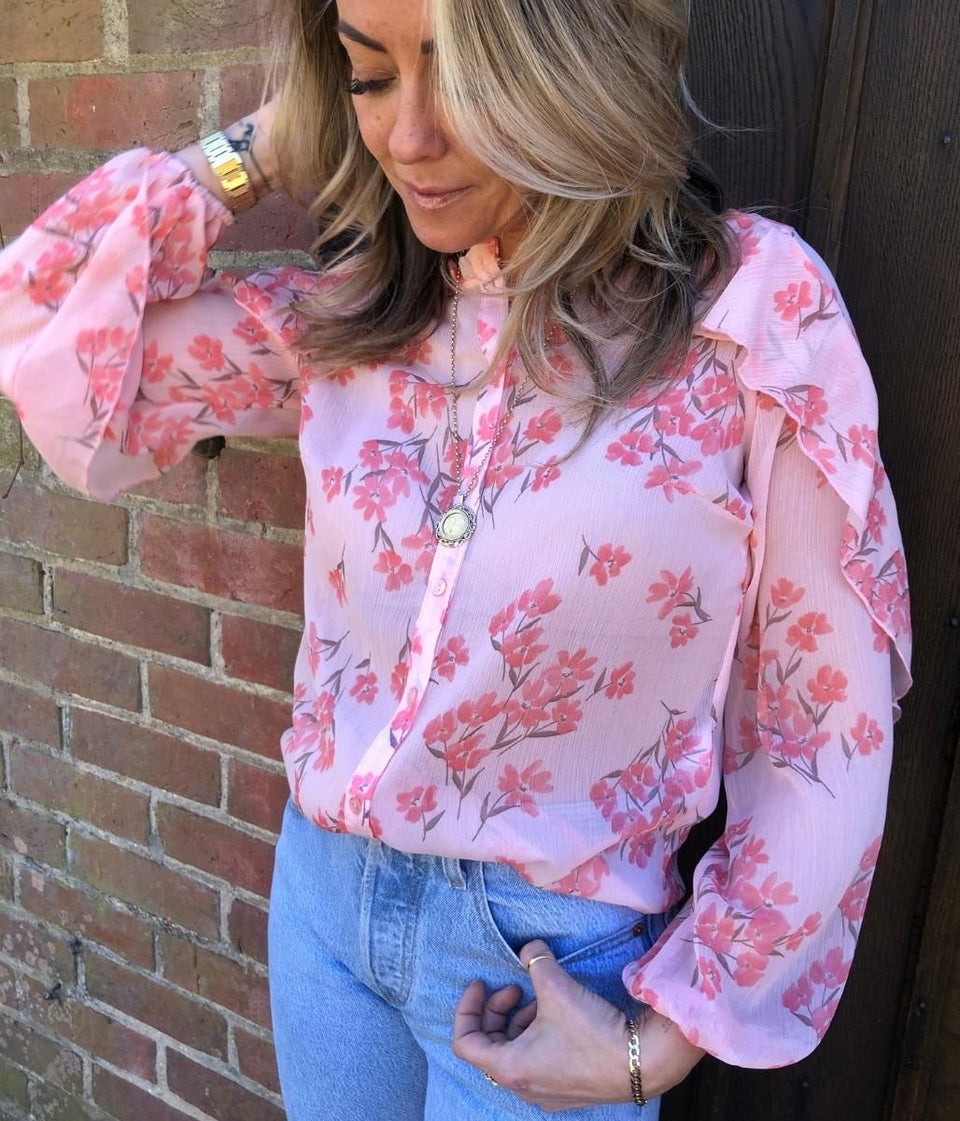 Pink Floral Sheer Ruffle Blouse