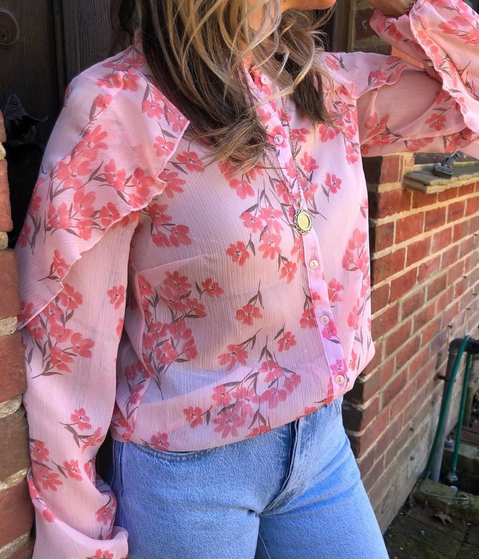 Pink Floral Sheer Ruffle Blouse