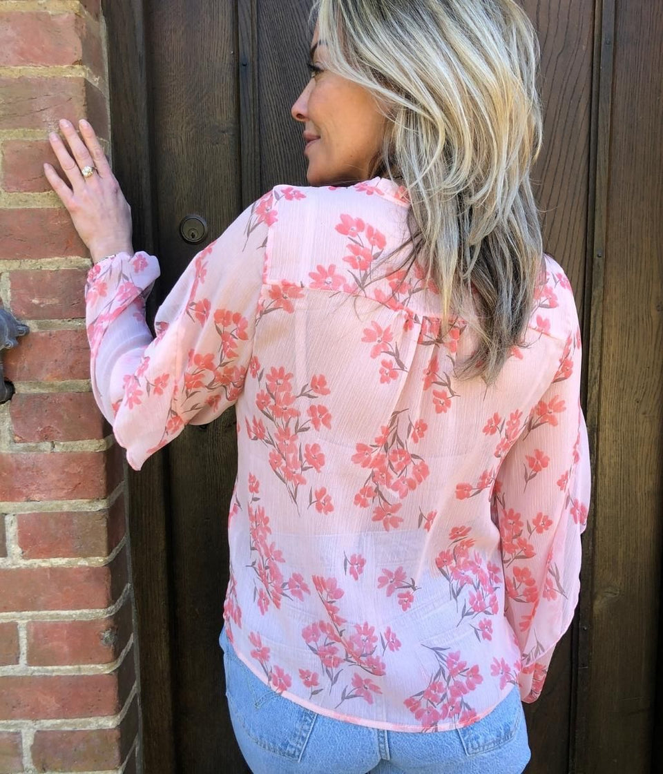 Pink Floral Sheer Ruffle Blouse