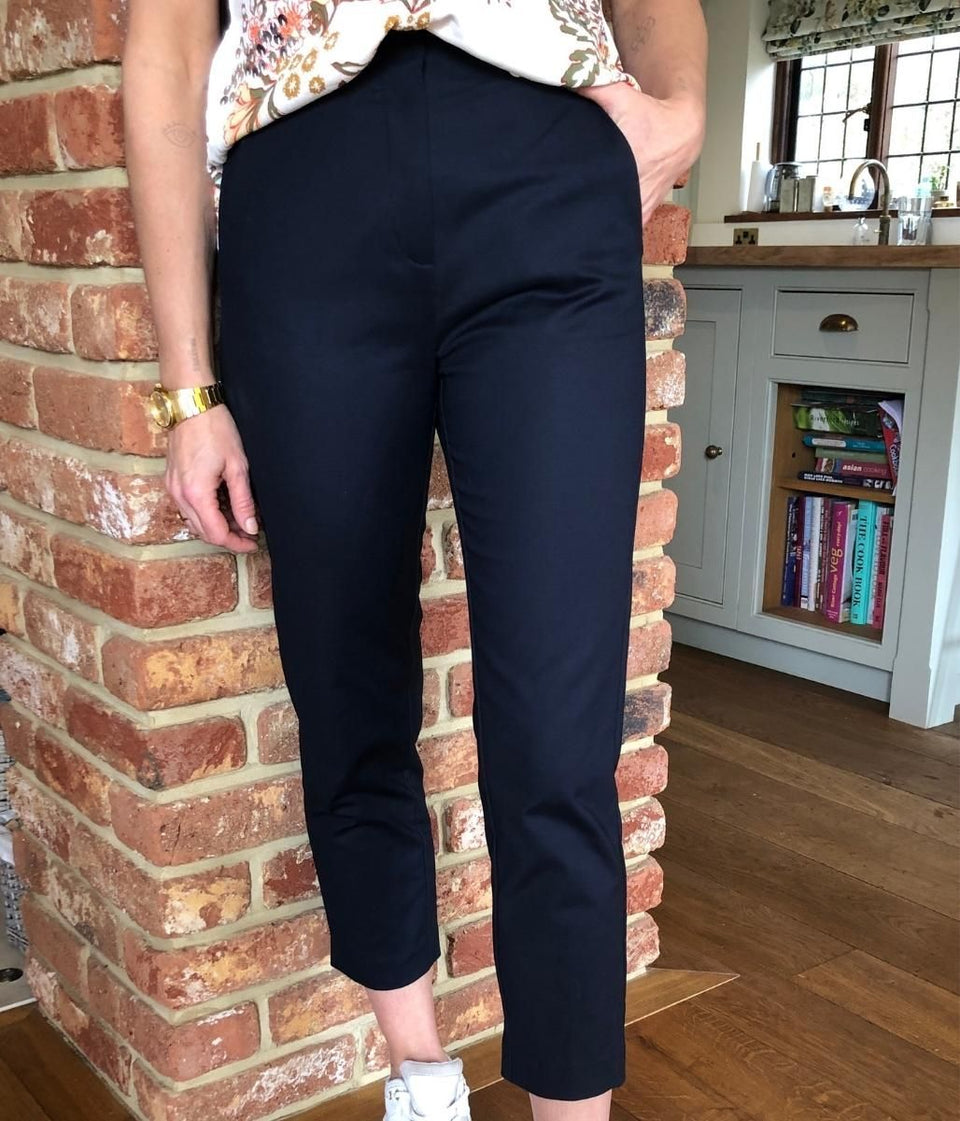 Navy Cotton Blend Slim Fit Cropped Trousers