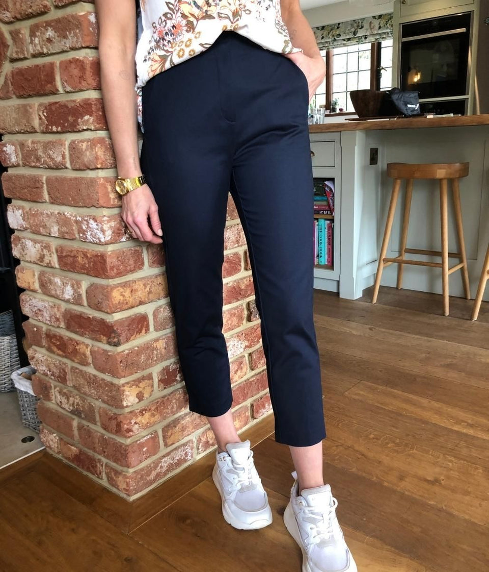 Navy Cotton Blend Slim Fit Cropped Trousers