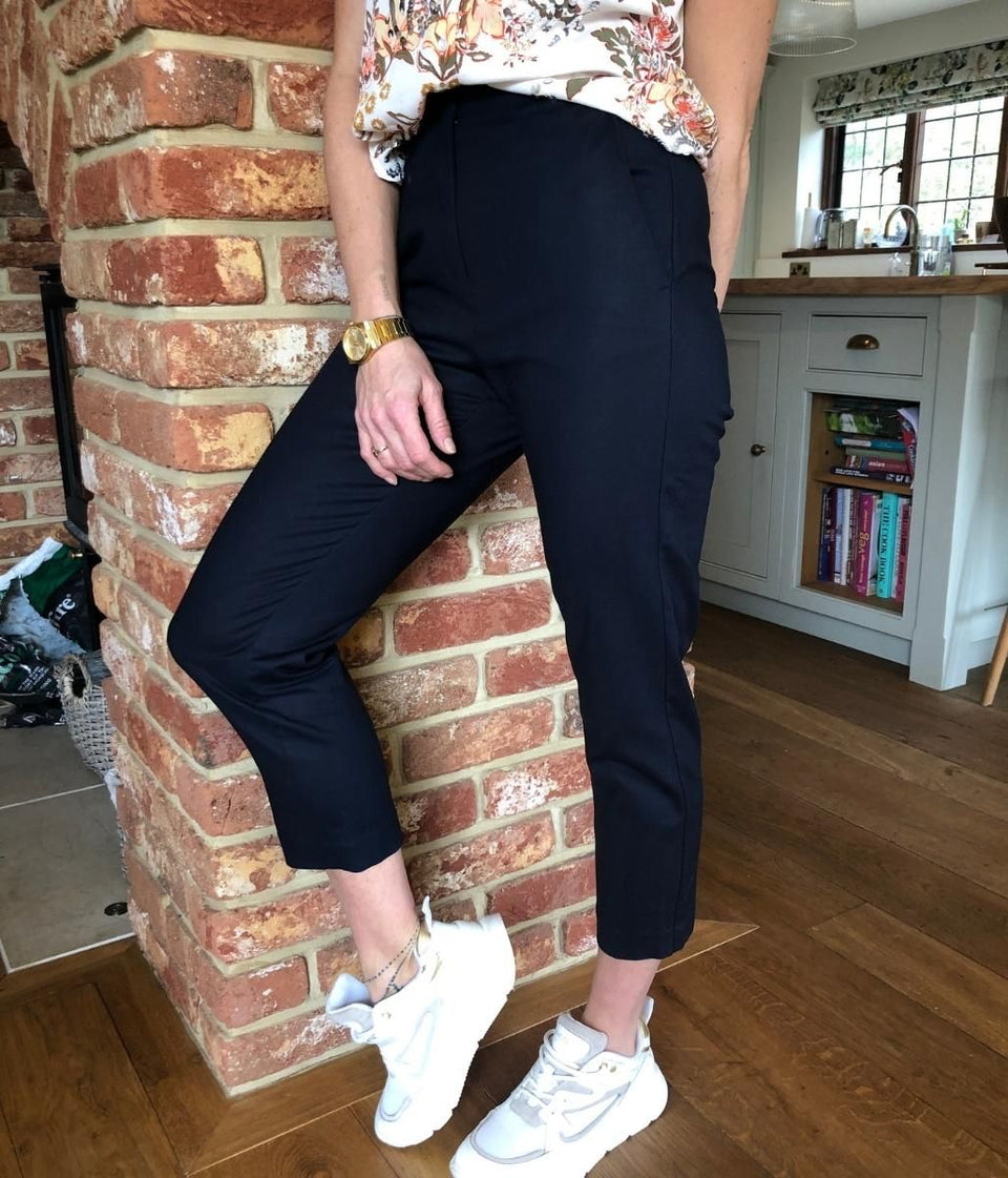 Navy Cotton Blend Slim Fit Cropped Trousers