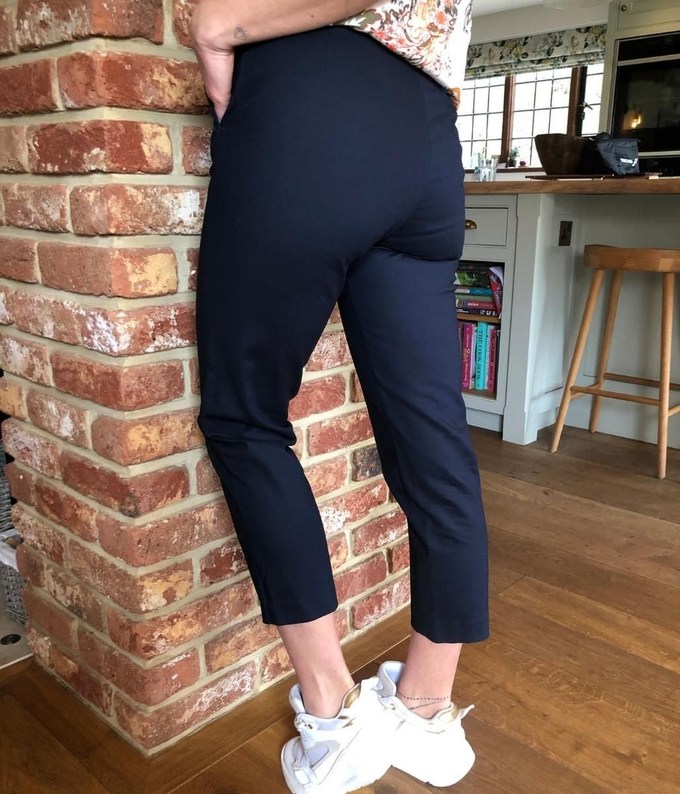 Navy Cotton Blend Slim Fit Cropped Trousers