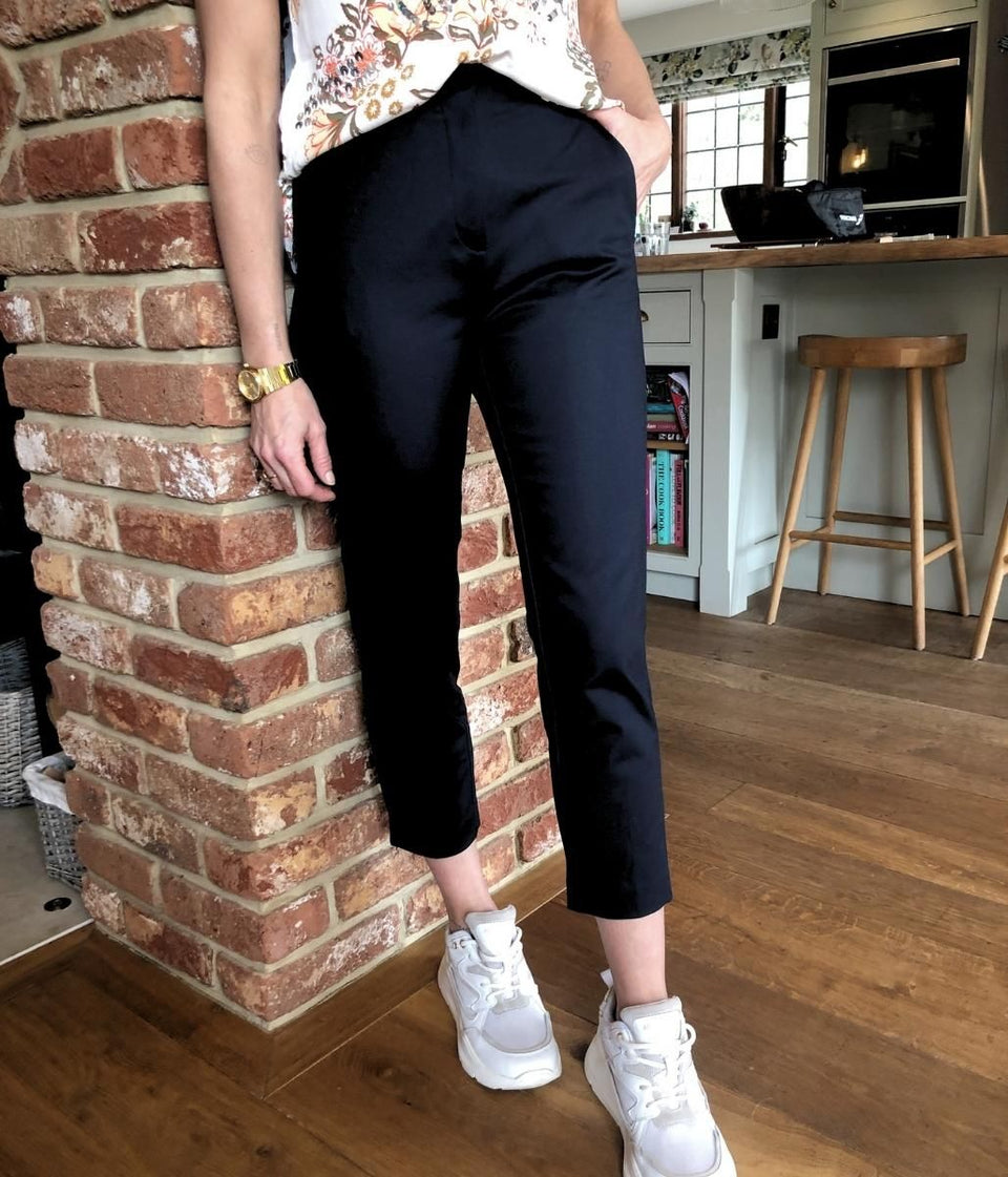 Black Cotton Blend Slim Fit Cropped Trousers