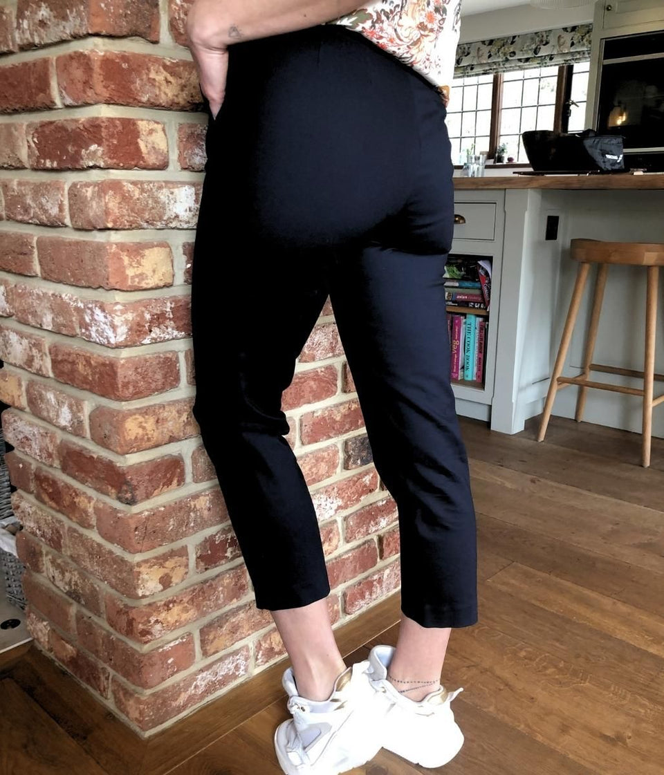 Black Cotton Blend Slim Fit Cropped Trousers