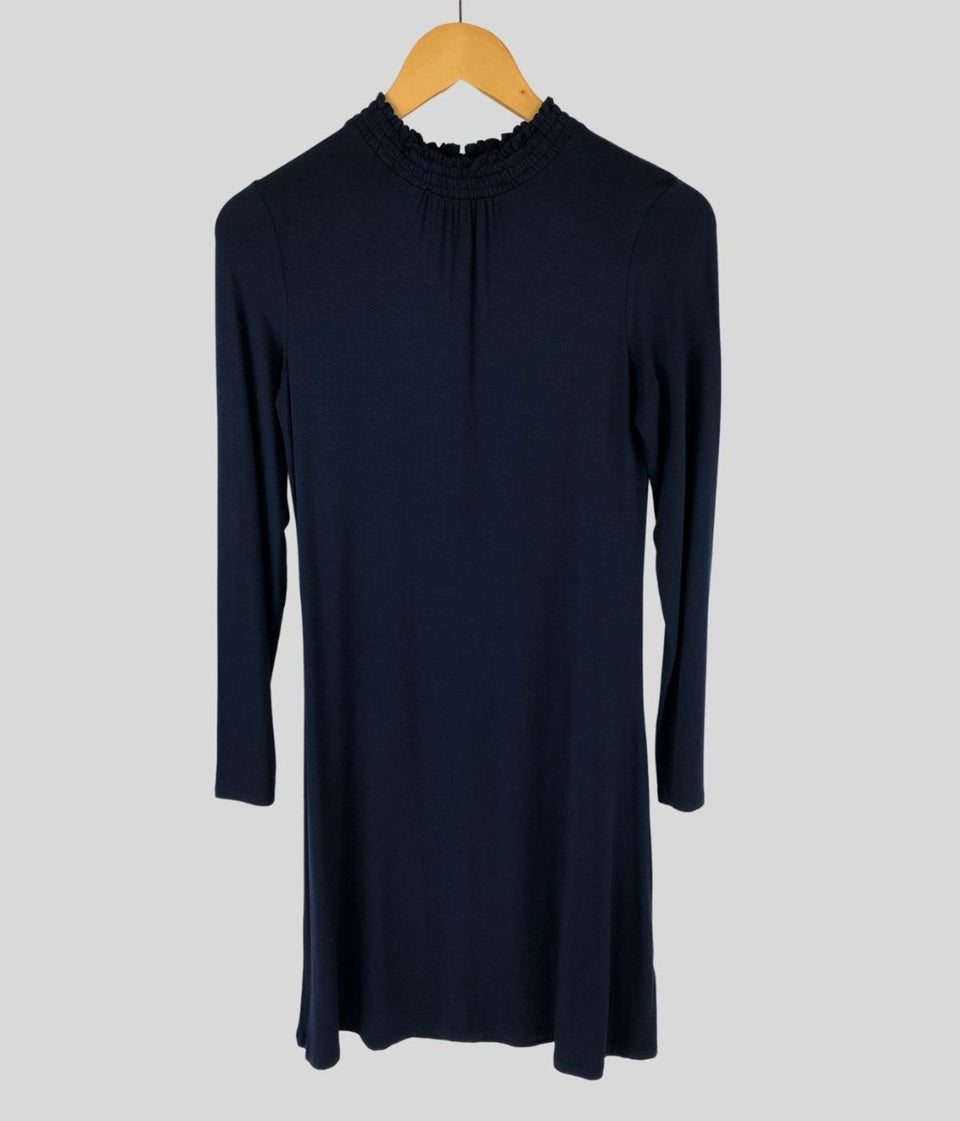 Navy Shirred Neck Swing Dress