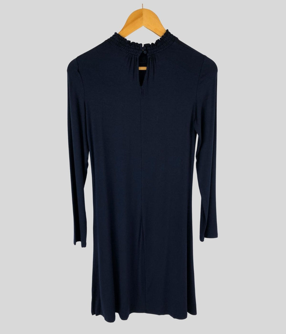 Navy Shirred Neck Swing Dress