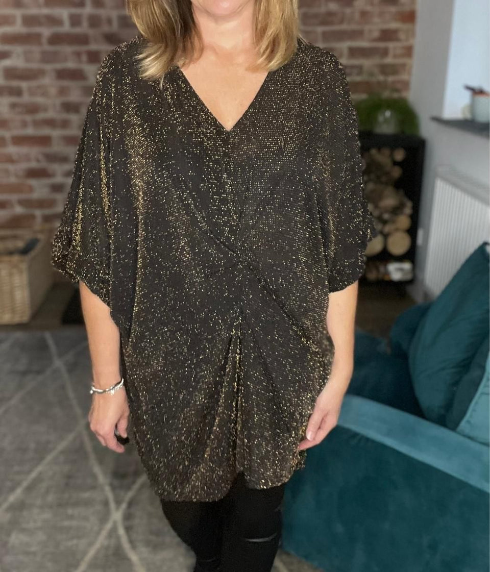 Gold Glitter Twist Front Batwing Top