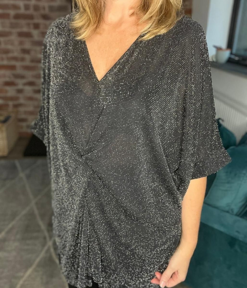 Silver Glitter Twist Front Batwing Top